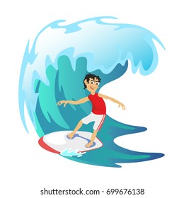 Surfing water extreme sports, isolated design element for summer vacation activity concept, cartoon wave, sea beach vector illustration, active lifestyle adventure