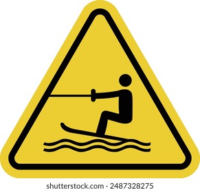 Surfing and water skiing sign. Places where surfing and water skiing are allowed. Divides zones between different groups of vacationers. Warning yellow triangular road sign. Safety in the water area.