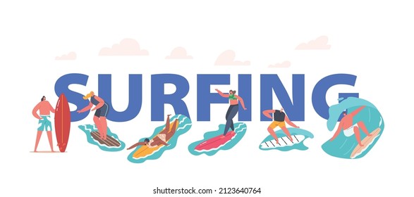 Surfing Water Sport Concept. Surfers Riding Sea Wave on Boards, Characters Summertime Vacation, Leisure, Surf Party, Sport, Summer Activity Poster, Banner or Flyer. Cartoon People Vector Illustration