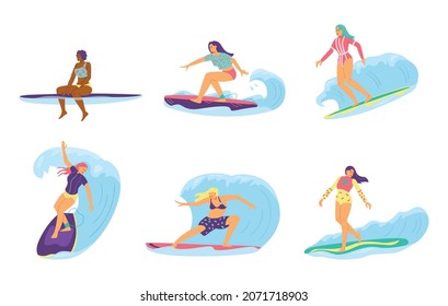 Surfing water sport female characters set, flat vector illustration isolated on white background. Women in swimsuits surfing standing and sitting on surfboard.