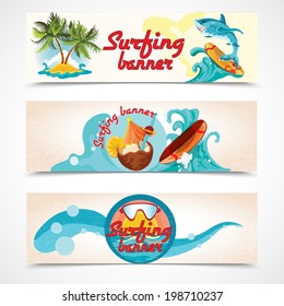 Surfing water sport tropical vacation banners set vector illustration.