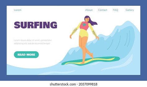 Surfing water sport web banner template with woman surfer riding on surfboard, flat vector illustration. Extreme surfing sports and recreation promotion.