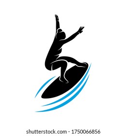 Surfing with water wave logo vector template, Illustration symbol, Silhouette design