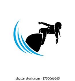 Surfing with water wave logo vector template, Illustration symbol, Silhouette design