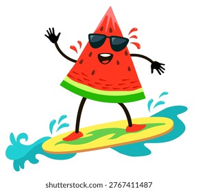 Surfing watermelon character. Fruit poster design with vector watermelon surfer. Cute funny watermelon on surfboard. Vector vacation concept. Tropical hawaii lifestyle, summer resort. Watermelon juice