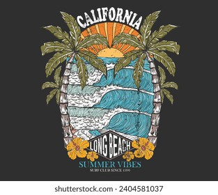 Surfing wave graphic print design for t shirt print, poster, sticker and other uses. California palm tree. Sunny day at the beach. Ocean wave. Palm tree retro print artwork. Long beach. Summer vibes.