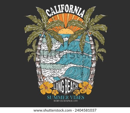 Surfing wave graphic print design for t shirt print, poster, sticker and other uses. California palm tree. Sunny day at the beach. Ocean wave. Palm tree retro print artwork. Long beach. Summer vibes.