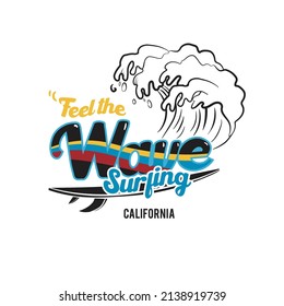 Surfing Wave Illustration. Summer Typography Print for T-shirt, Sweatshirt, Tanktop, poster, print, banner, background artwork.