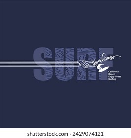 surfing ,wave lines, stylish t-shirt and apparel trendy design with palm trees silhouettes, typography, print, vector illustration. 