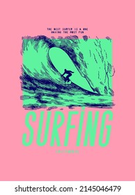 Surfing wave. Little figure of surfer riding giant wave. Summer beach sports vintage typography t-shirt print vector illustration.