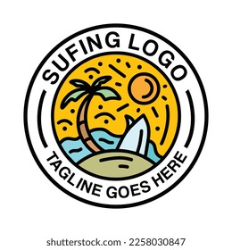 Surfing Wave Logo Summer Ocean Vintage Emblem Vector Design badge illustration Symbol Icon