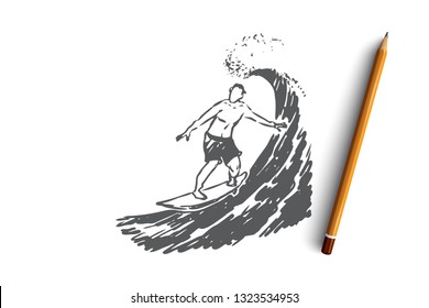 Surfing, wave, summer, board, sport concept. Hand drawn surfer on a wave concept sketch. Isolated vector illustration.