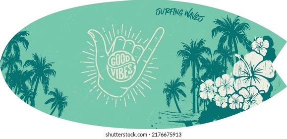   surfing Wave, surf,  good vibes, hand drawn illustration of palm tree on white background.