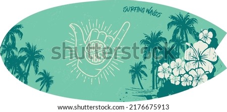   surfing Wave, surf,  good vibes, hand drawn illustration of palm tree on white background.