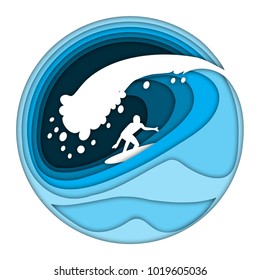 Surfing wave with a surfer silouhette. Potential and kinetic energy examples. Types of energy, part 4. Science for kids. Paper cut out vector illustration.