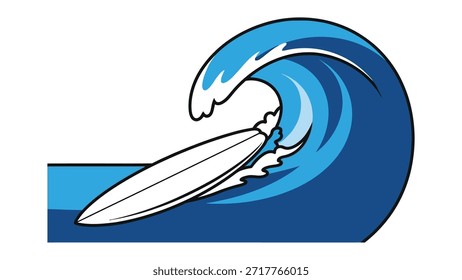 Surf Wave Ilustración vectorial – Tabla de surf en Big Ocean Wave – Gráfico deportivo de surf extremo – Blue Water Splash – Estilo de dibujos animados limpio y audaz
