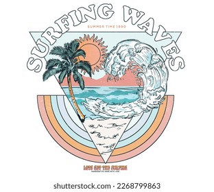 Surfing waves. Beach vibes print artwork for t-shirt, poster, sticker and others. Big wave with palm tree vector design. Sunshine.