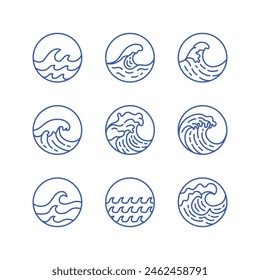 Surfing Waves in the Ocean Logo Monoline Vector Illustrations is logo designs in monoline style about beach, sea, ocean, surfing, summer, hotel, resort, etc.