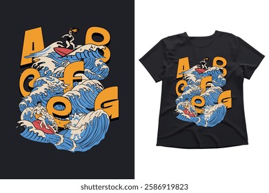 surfing, waves, ocean, surfboard, graphic design, t-shirt, typography, bold letters, A, O, G, F, surfers, beach, summer, adventure, water sports, illustration, apparel, fashion, trendy, cool, stylish