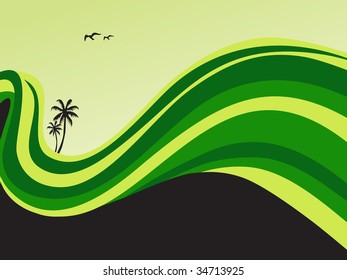 surfing waves, palm trees on a beach