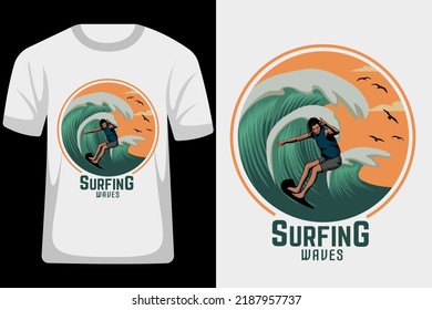 Surfing Waves Retro Vintage T Shirt Design