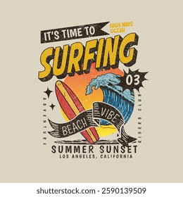 Surfing waves summer sunset California beach vector illustration retro  poster