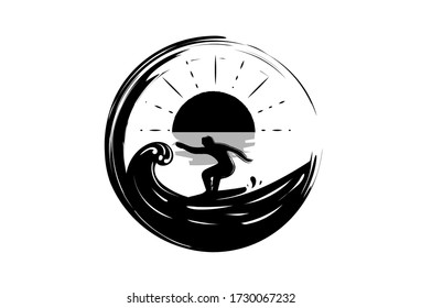 Surfing with waves and sunset as the logo design