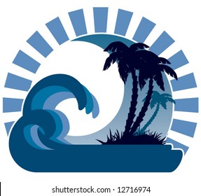 Surfing waves, tropical island, palm trees on a beach