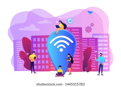 Surfing web, browsing through websites. Free internet, network. Public wi-fi hotspot, free wireless internet access, free wifi service concept. Bright vibrant violet vector isolated illustration