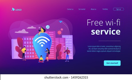 Surfing web, browsing through websites. Free internet, network. Public wi-fi hotspot, free wireless internet access, free wifi service concept. Website homepage landing web page template.