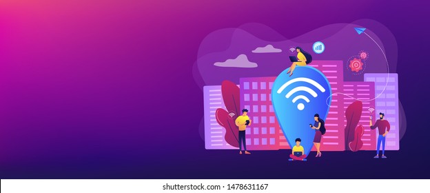 Surfing web, browsing through websites. Free internet, network. Public wi-fi hotspot, free wireless internet access, free wifi service concept. Header or footer banner template with copy space.