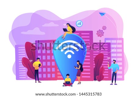 Surfing web, browsing through websites. Free internet, network. Public wi-fi hotspot, free wireless internet access, free wifi service concept. Bright vibrant violet vector isolated illustration