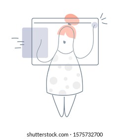 Surfing the web, cute cartoon woman scrolling, swiping and moving pages in the browser window. Touch technology concept. Flat outline vector illustration on white background.