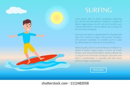 Surfing web poster design with boy surfer, summer activity and surfboard, seasonal sport for guy cartoon vector illustration on blue waves background.