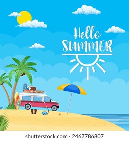 Surfing Weekend Concept. travel van with surfboard and suitcases on a beach with palms. Summer tourism, travel, trip and surfer. vector illustration in flat design.