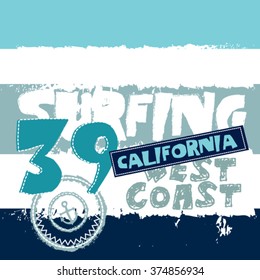 surfing west coast California, T-shirt design vector illustration