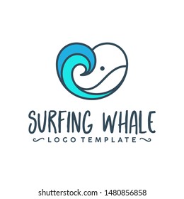 Surfing whale logo template - whale and waves in a heart shape