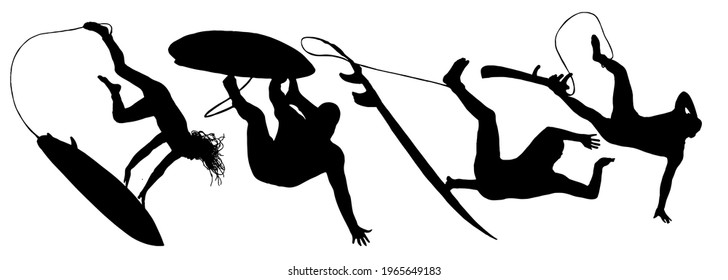 Surfing wipeouts in black silhouettes on white background 
