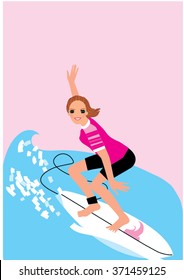 Surfing woman catching big wave. Vector illustration. Surfer girl.