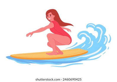 Surfing woman. Girl swimming on surf board in ocean or lake, water sport and recreation flat vector illustration. Cartoon female do extreme sport