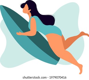 Surfing woman in sea or ocean. Surfer standing on surf board, beach and summer vibes. Tropical hawaii print, surfing girl in swimwear. Sport activity, vacation, holidays. 