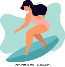 Surfing woman in sea or ocean. Surfer standing on surf board, beach and summer vibes. Tropical hawaii print, surfing girl in swimwear. Sport activity, vacation, holidays. 