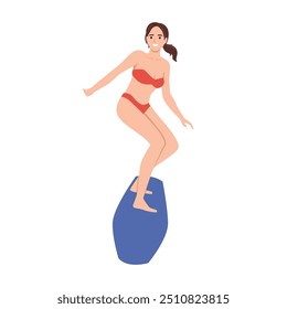 Surfing woman in sea or ocean. Surfer standing on surf board. Flat vector illustration isolated on white background