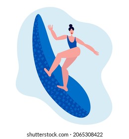 Surfing woman standing on surf board. Body positive surfer in swimwear with surfboard. Sport activity, textile print. Vector stock illustration.