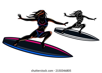surfing woman swim on surfboard silhouette isolated white background