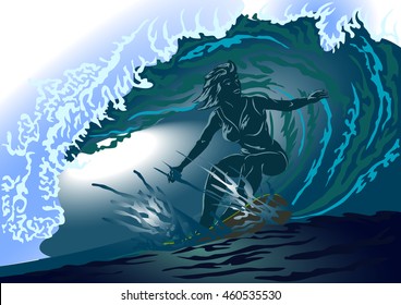 surfing, a woman who at the crest of a wave