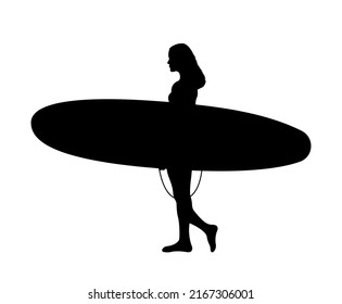 surfing women silhouette, surfer holding board Vector Illustration.