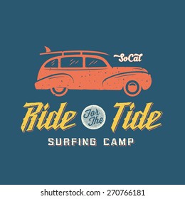 Surfing Woodie Car Retro Style Label or Logo Template with Shabby Textures. Good for Posters, T-shirt Prints etc.