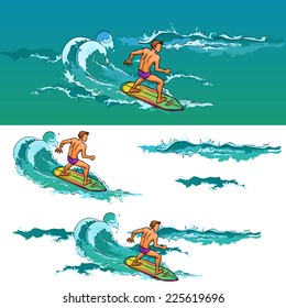 Surfing young athletic man on surfboard on sea waves. Vector cartoon drawing by lines. Themes are extreme, active recreation, sea, sport