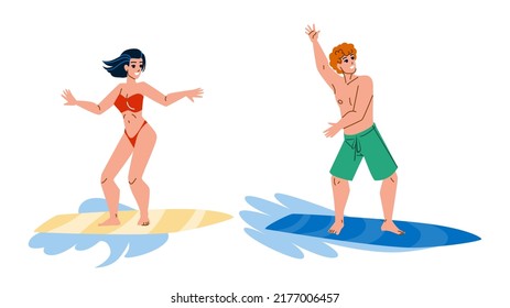 Surfing Young Man And Woman Togetherness Vector. Happy Boy And Girl Surfers Surfing On Ocean Waves. Characters Enjoying And Exercising Extremal Sport On Surfboard Flat Cartoon Illustration